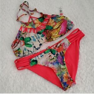 Tinibikini reversible neon pink green & blue floral bikini 2 piece set sz Xlarge